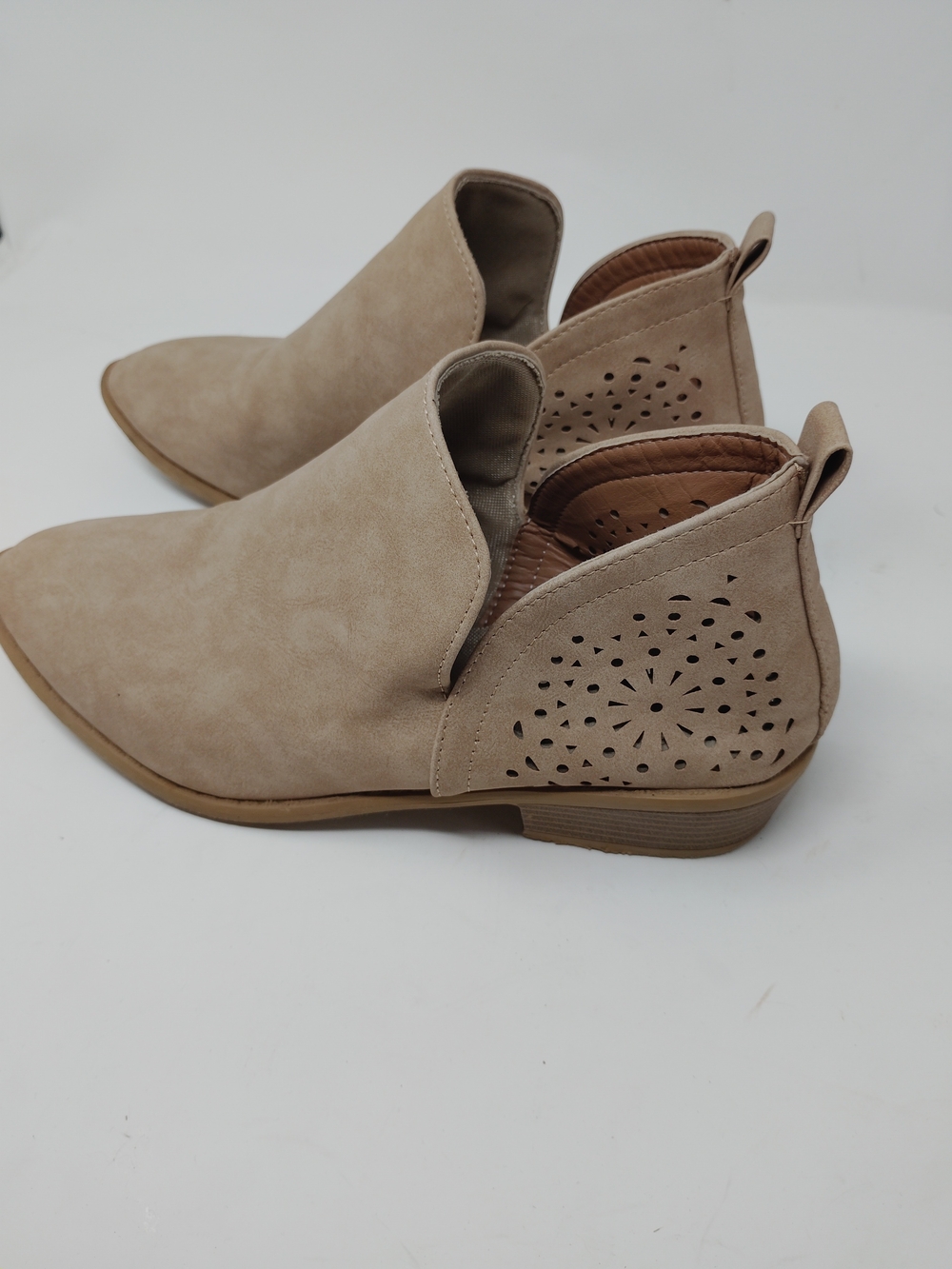 Beige Faux Suede Perforated Cutout Ankle Booties V-Cut Pointed Toe Flat Heel